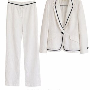 Marks & Spencer Cream Linen-Blend Blazer and Wide-Leg Pants with Black Piping